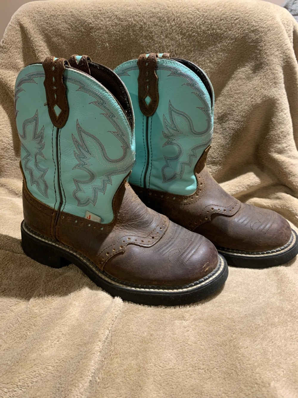 Justin Boots Brown Leather Ankle Boots with Turquoise Shaft